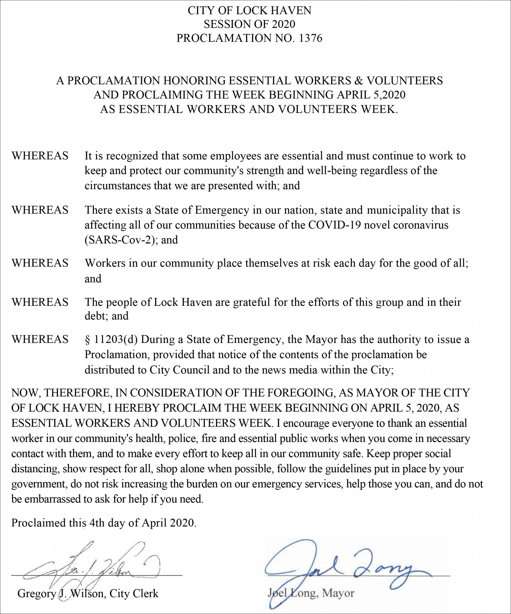 City Mayor Long Recognizes “Essential Workers and Volunteers” with ...